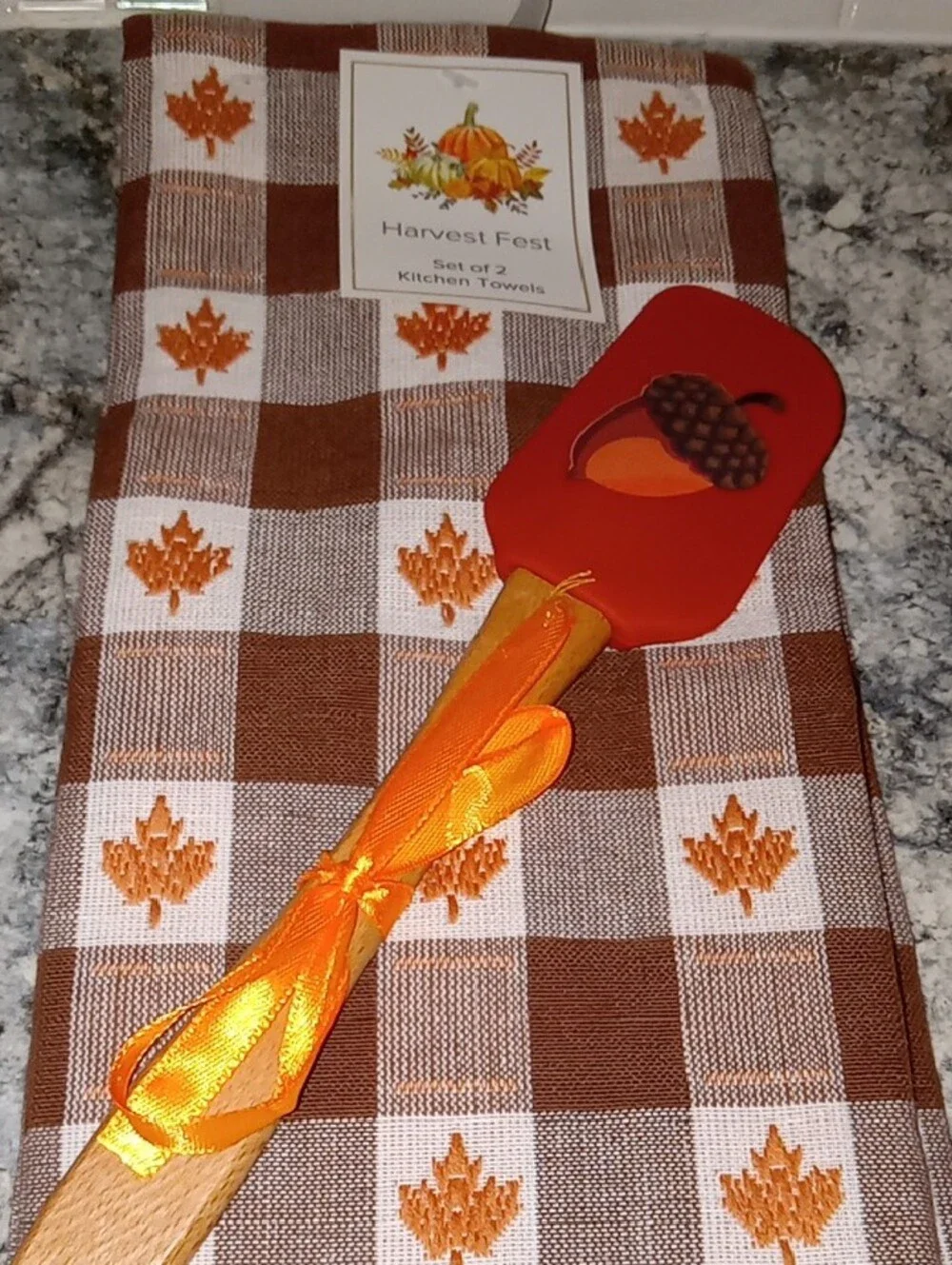 Harvest Fest Orange & Brown Check Kitchen Towel Set Of 2 with Autumn Spatula
